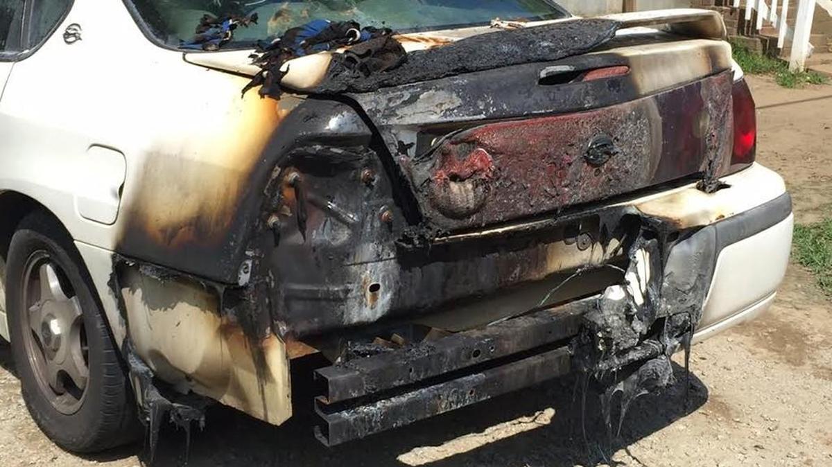 Lancaster police say a person was set on fire near this vehicle during an assault on North Gregory Street late Thursday night. The second person involved in the alleged assault was also burned.