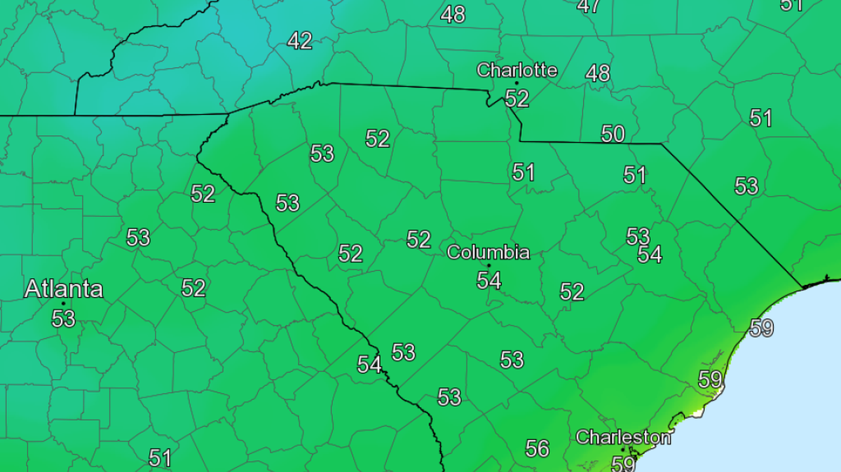 
Sunday’s overnight temperatures forecast across South Carolina
