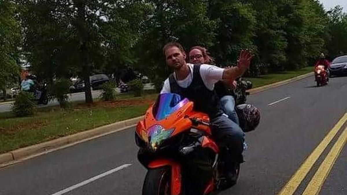 Joey Huckeba and Teresa Miller were riding this Suzuki motorcycle on Interstate 77 during a July “unity ride” when they were struck from behind in Chester County. Both were taken to a burn center in Chapel Hill, N.C., after suffering severe burns when they were pinned under a car that burst into flamnes after it struck them.