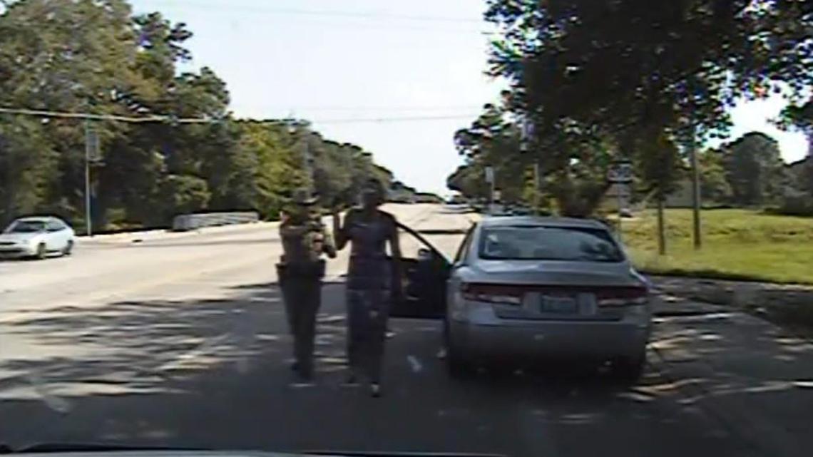 In this July 10, 2015, frame from dashcam video provided by the Texas Department of Public Safety, trooper Brian Encinia arrests Sandra Bland after she became combative during a routine traffic stop in Waller County, Texas. Bland was taken to the Waller County Jail that day and was found dead in her cell on July 13.