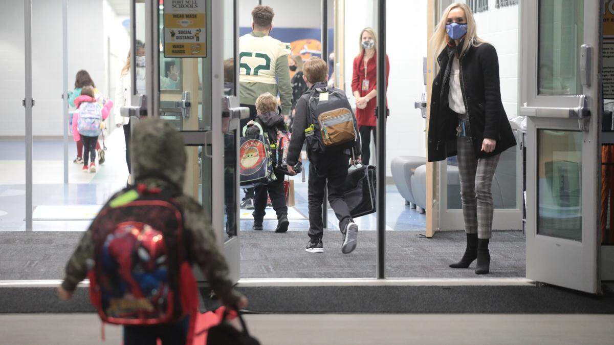 River Trail Elementary School students enter the new school Wednesday in Fort Mill