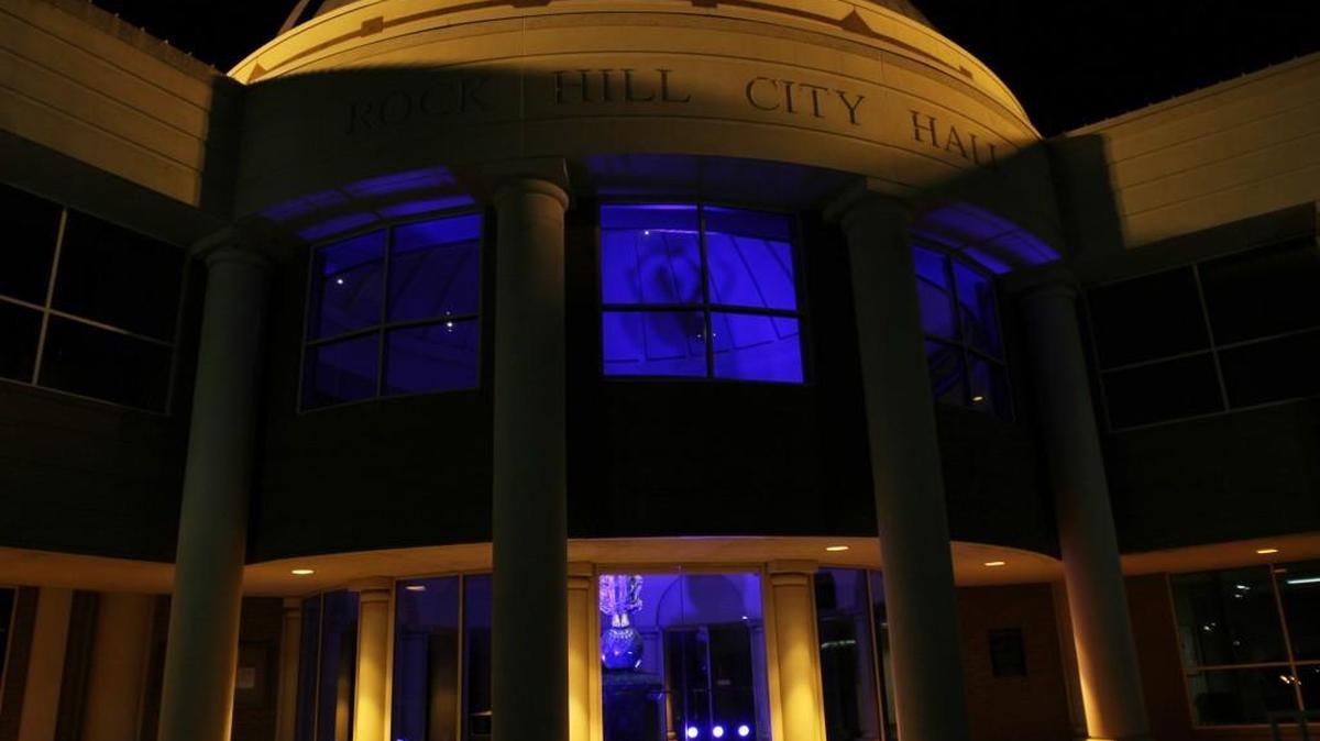 The rotunda at Rock Hill City Hall is lit blue for the "Light It Up Blue" intiative for Autism Awareness Month.