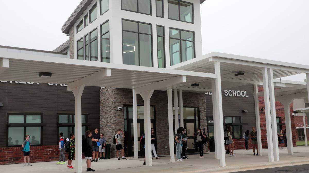 Forest Creek Middle School students wait for the school to open Monday, which was the first day back for students at the new school in Fort Mill.