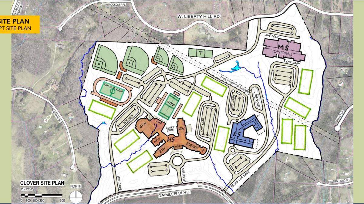 One concept plan presented to the Clover School District shows a new high school and elementary school in Lake Wylie.