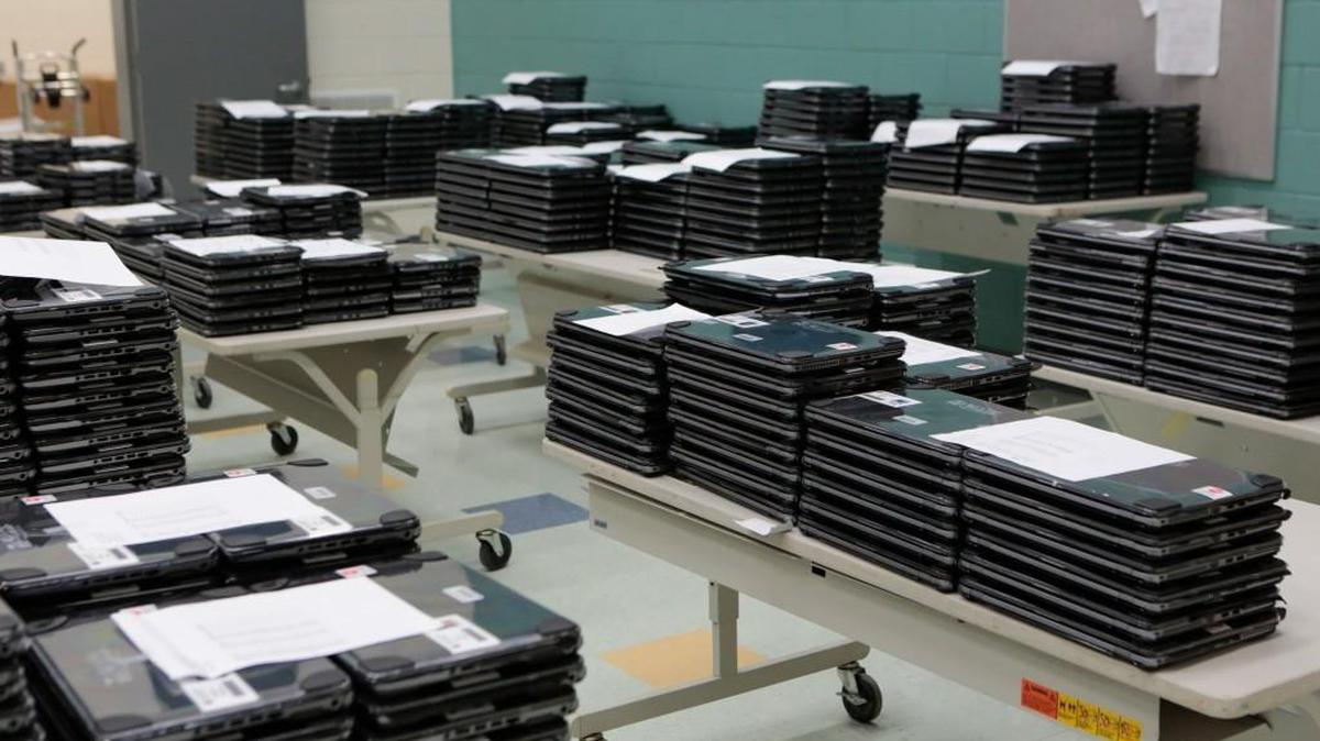 South Pointe High School students receive new laptops.