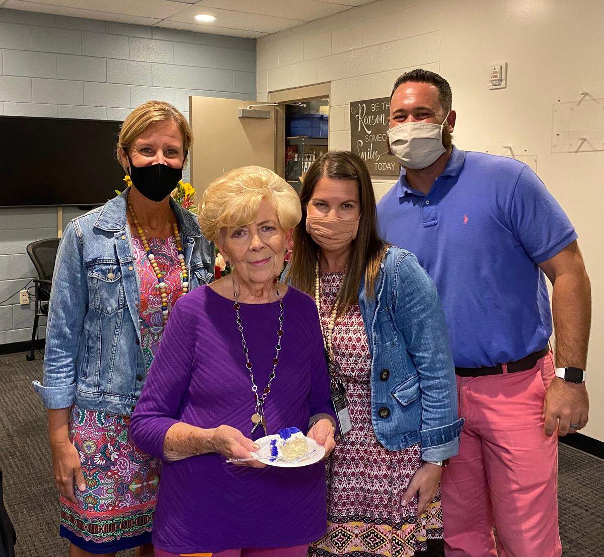 In this 2021 file photo Gloria Gainey celebrates her 80th birthday at Fort Mill Elementary School with assistant principals Darleen Romenick and Jennifer Hendershot, and principal Jad Griffin. Gainey is one of five new members set to join the Fort Mill School District Hall of Fame.