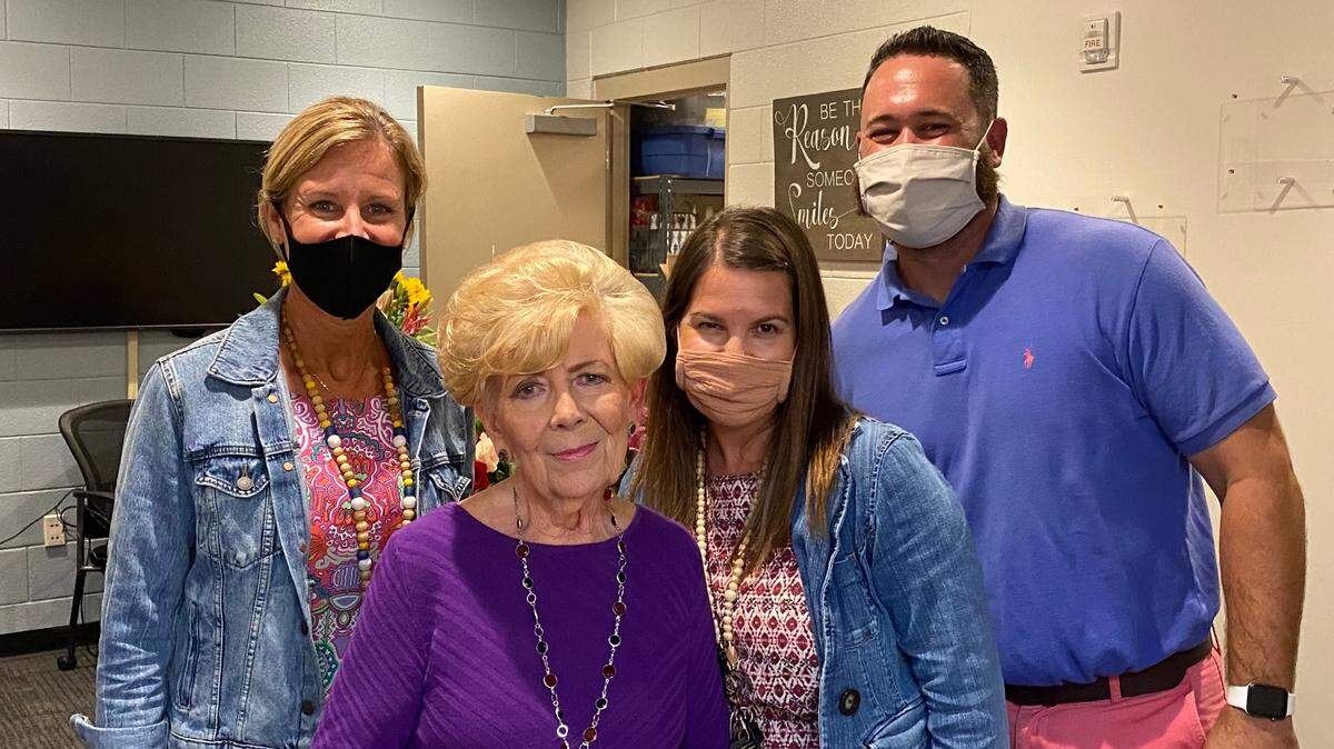 In this 2021 file photo Gloria Gainey celebrates her 80th birthday at Fort Mill Elementary School with assistant principals Darleen Romenick and Jennifer Hendershot, and principal Jad Griffin. Gainey is one of five new members set to join the Fort Mill School District Hall of Fame.