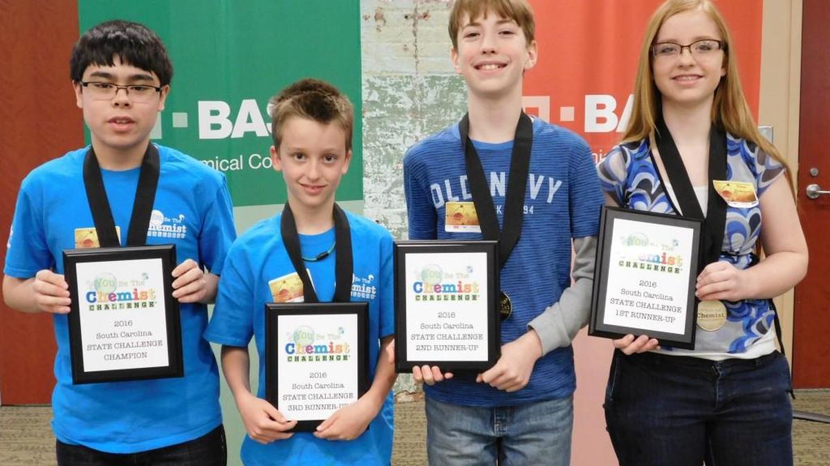 Nolan Promin, from left, eighth-grader from Clover Middle School; third runner-up Jack Veltkamp from York Preparatory Academy in Rock Hill; second runner-up David Axon from Buist Academy in Charleston; and first runner-up Emma Westergard from Oakridge Middle School in Clover.