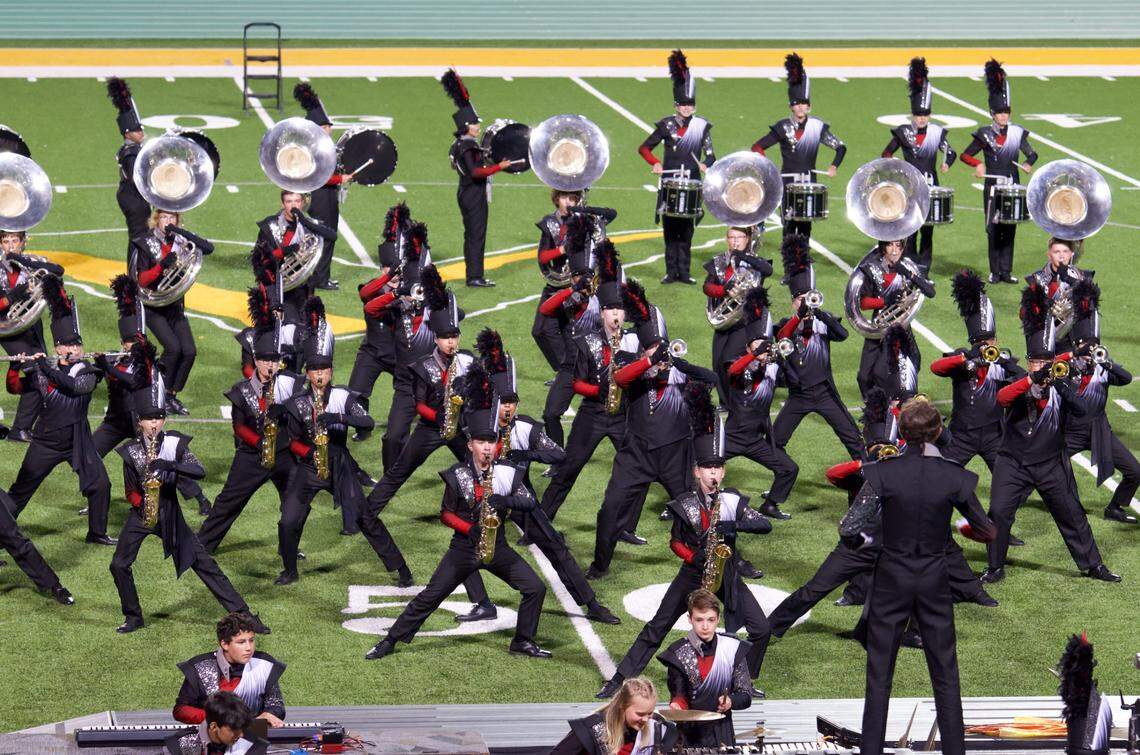 Nation Ford High School marches in the 2021 state championship event for high school bands, in this file photo. Nation Ford has won 10 state championships since the school opened in 2007.