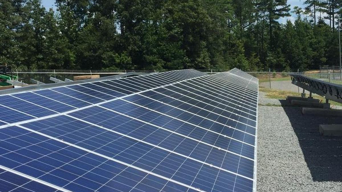 A solar farm near York Electric Cooperative’s Lesslie substation shows what solar panels would have looked like in front of the Applied Technology Center.