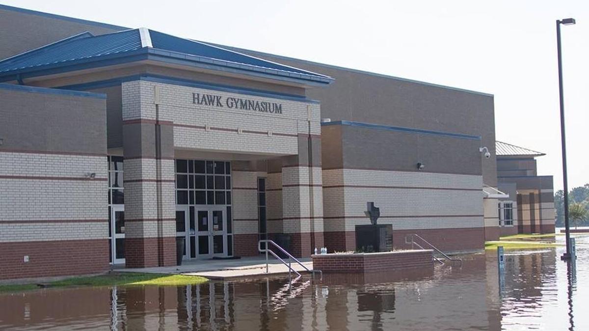 Flood waters filled the campus of Hardin-Jefferson ISD High School in Sour Lake, Texas after Hurricane Harvey.