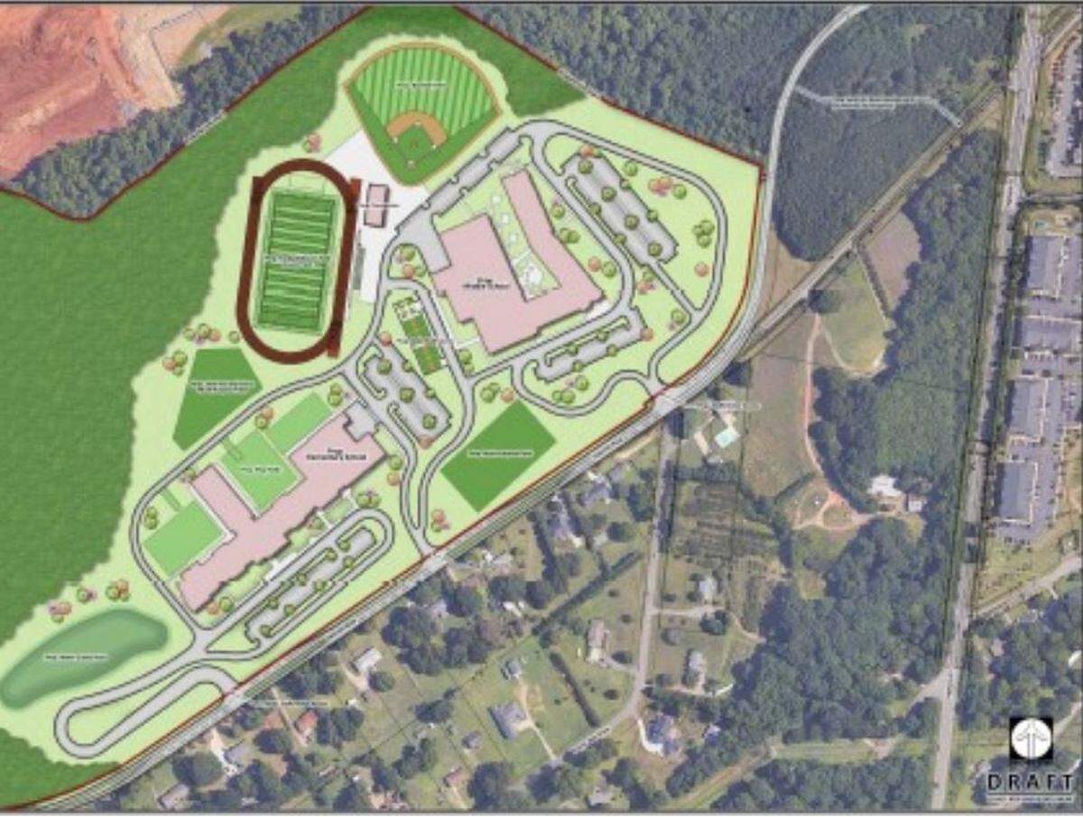 A site plan shows the layout of two new Fort Mill schools. The Fort Mill School District has begun the process of redrawing attendance lines for when Flint Hill Elementary School opens next year, followed by Flint Hill Middle School in 2026.