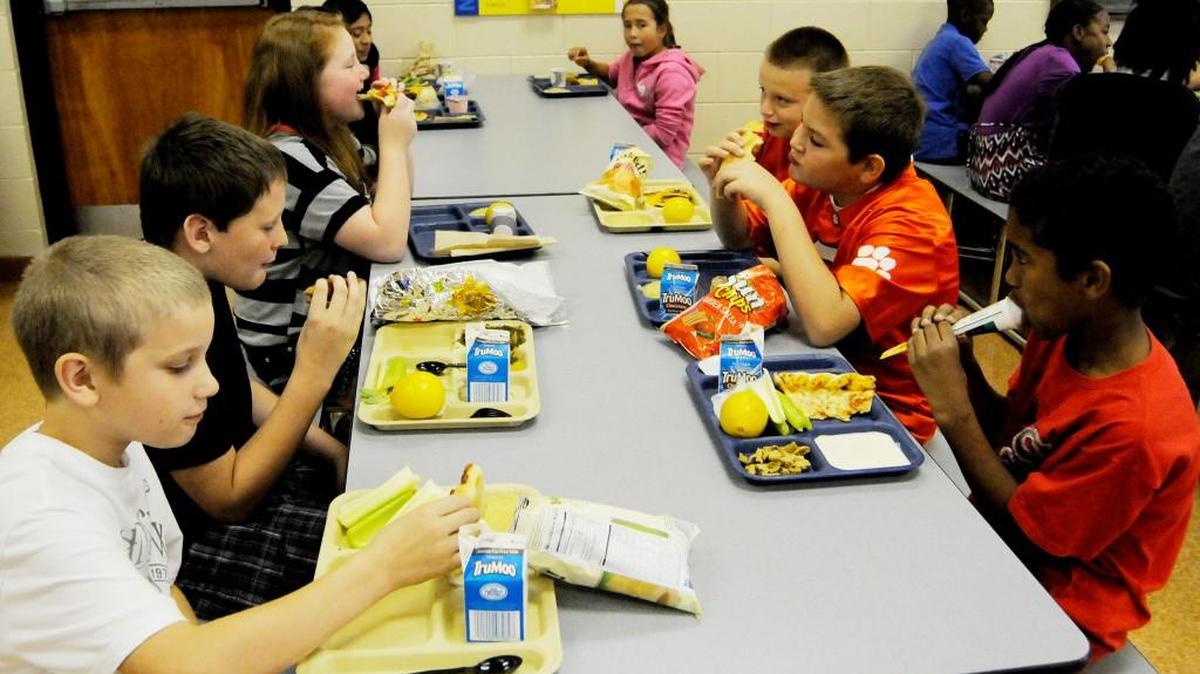 Students at York Intermediate School have celery sticks, fresh oranges or salads for lunch.