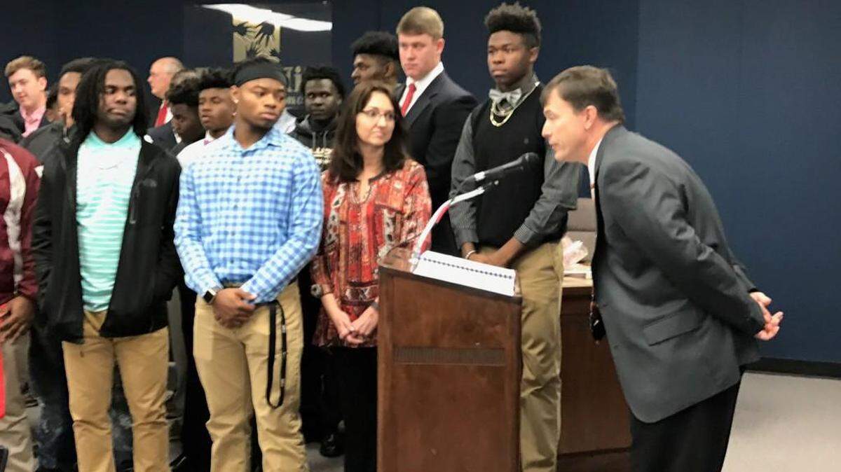 South Pointe High School football coach Strait Herron thanked his coaches and players for taking home a third state championship.