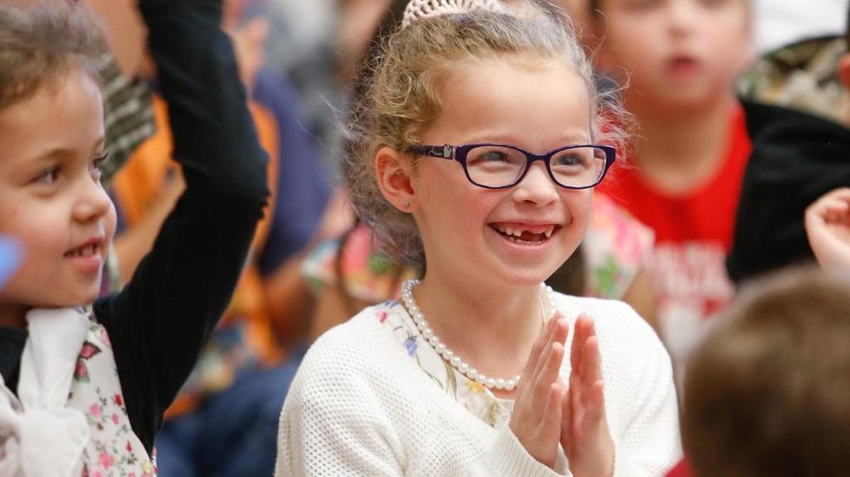 Brooklyn Canty, a first-grader, dresses up as herself at 100 years old as Lesslie Elementary School celebrates the 100th day of the school year.