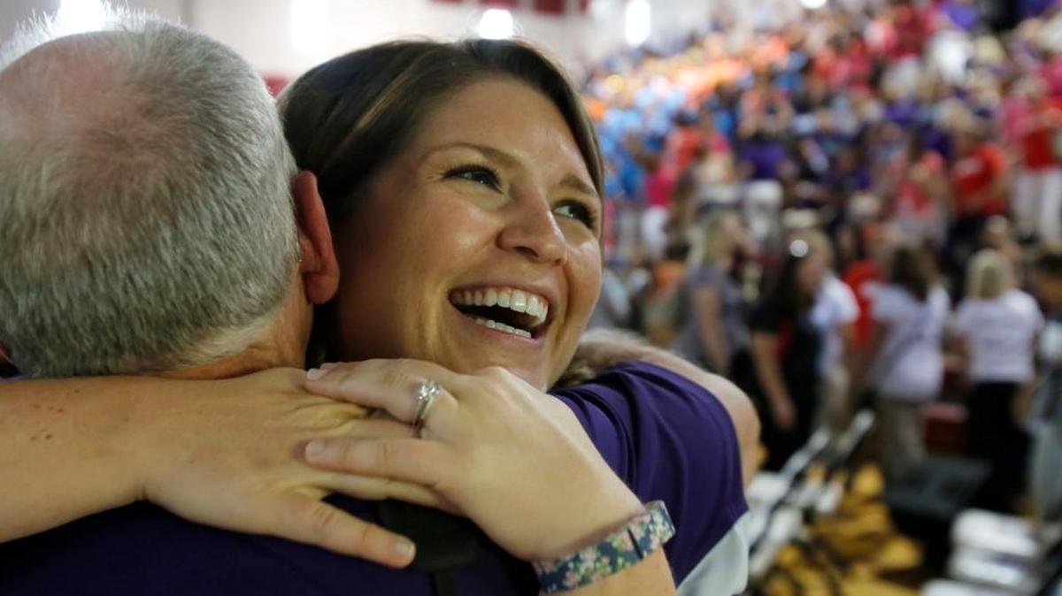 
Rachel Glibbery is congratulated on being named 2016 Rock Hill School District Teacher of the Year at the rally.
