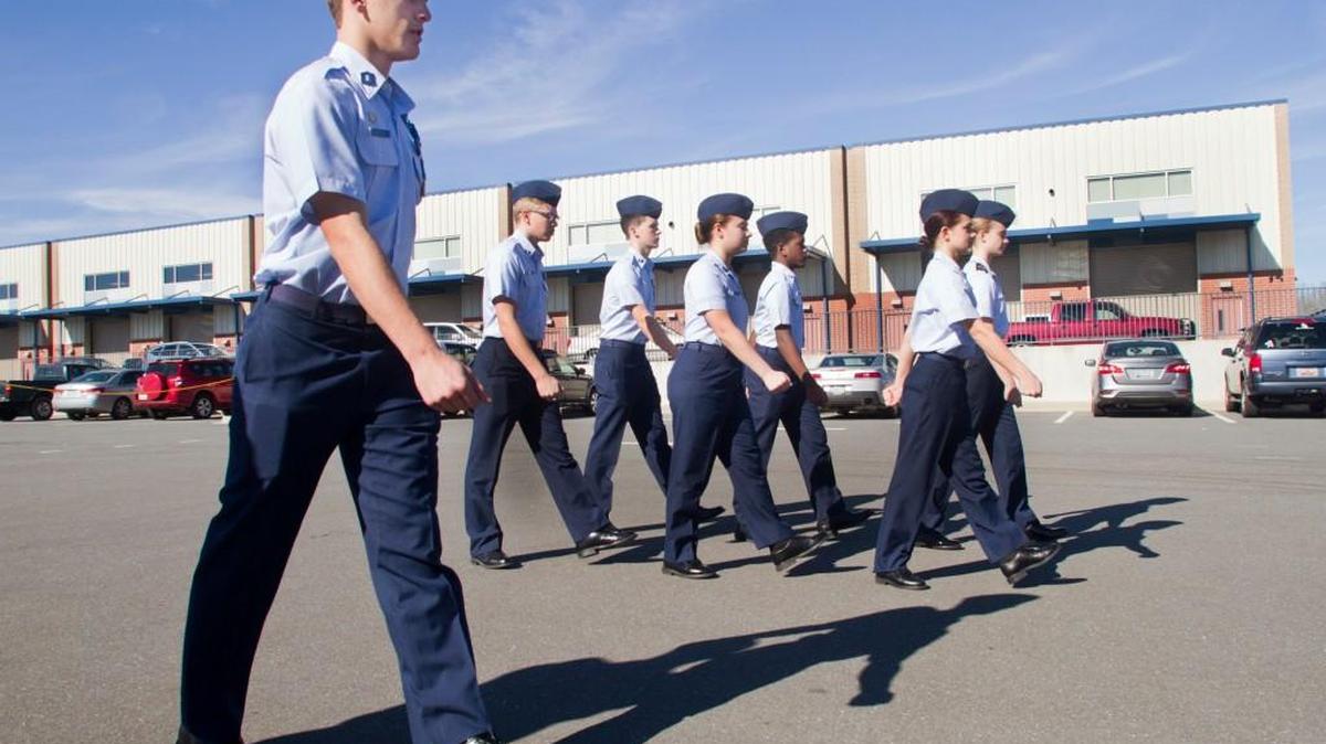Clover High School Air Force JROTC students perform drills during class Wednesday.