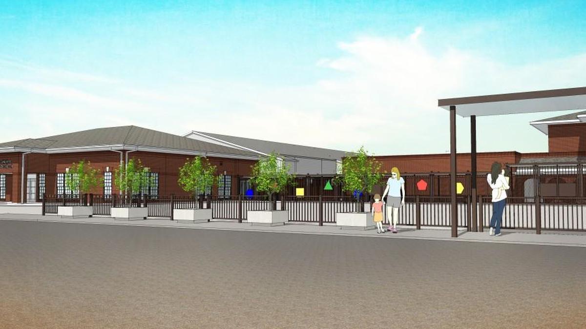 A rendering shows the exterior of the new Montessori building.