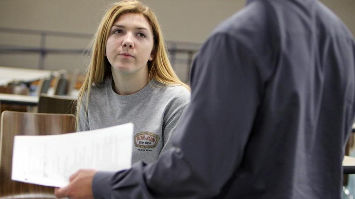 Sophia Hennessy works with Deputy 16th Circuit Public Defender B.J. Barrowclough during a recent mock trial practice at Fort Mill High School.