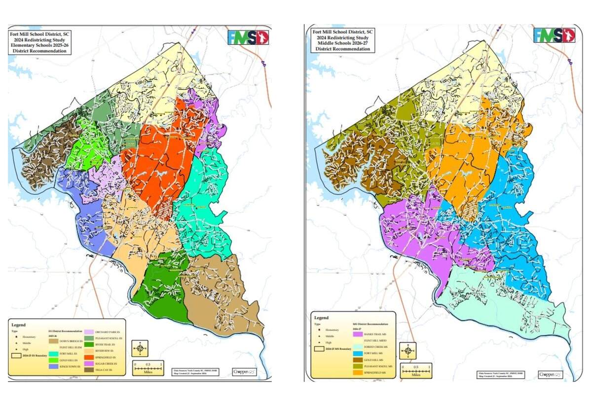 The Fort Mill School District has to redraw elementary and middle school lines ahead of the opening of two new schools, starting next year.