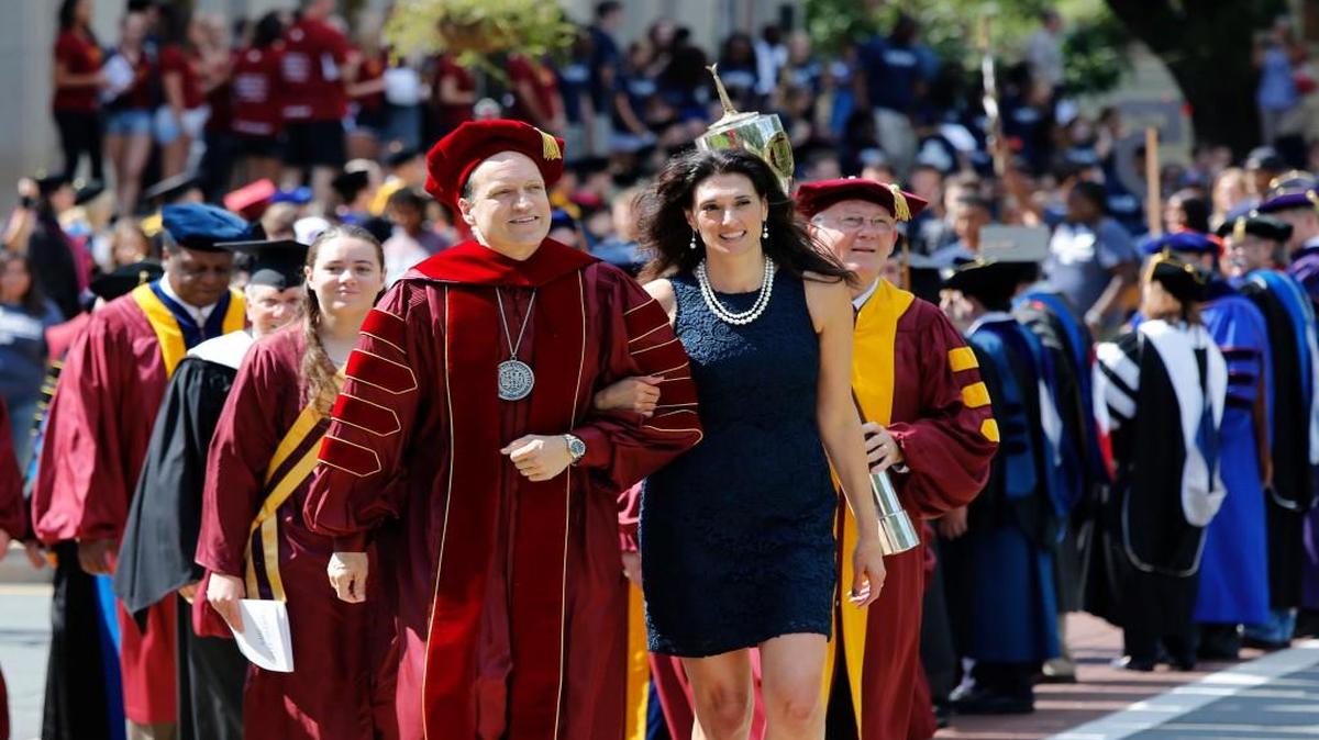 
The Winthrop University Convocation and Blue Line Procession kicks off the new school year at the Rock Hill school. President Dan Mahony and his wife, Laura, lead the Blue Line Procession.
