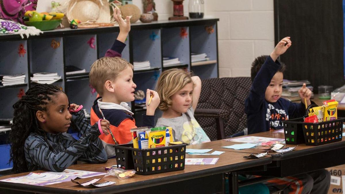 Second-grade Spanish immersion students participate in a lesson recently at Ebinport Elementary School in Rock Hill.