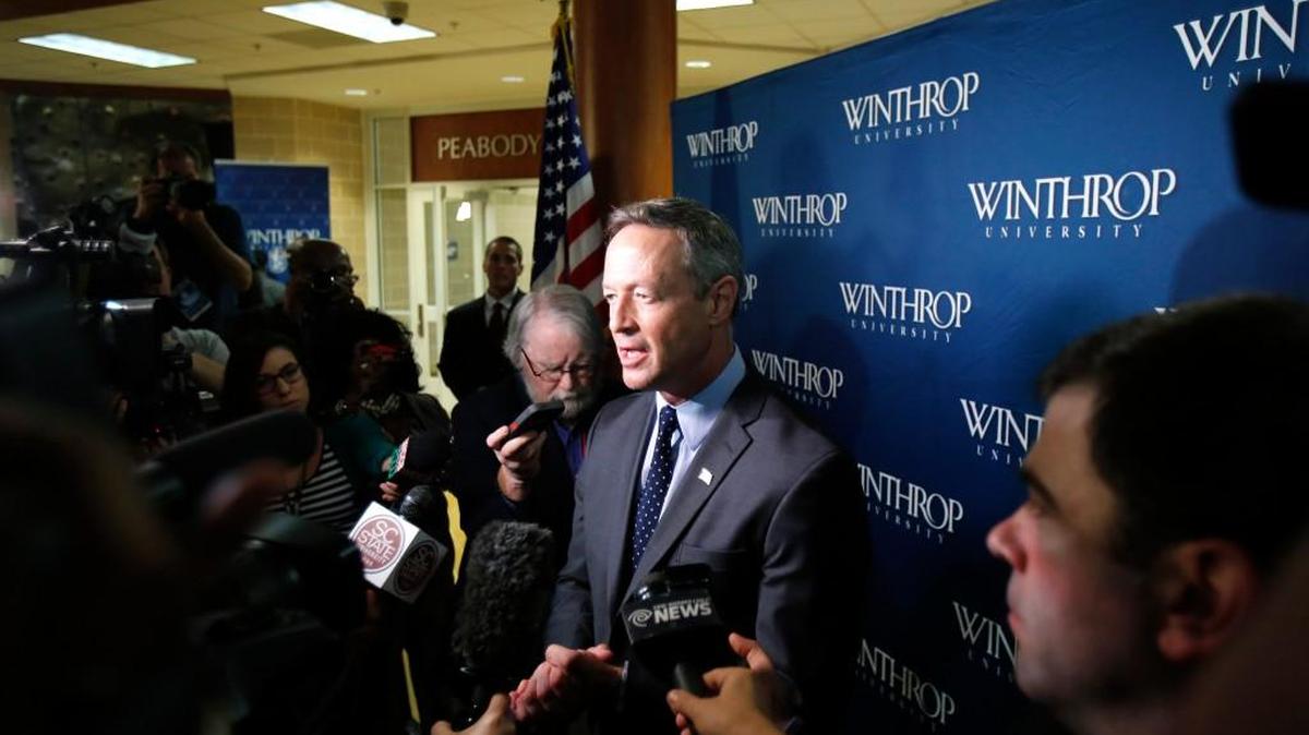Martin O’Malley speaks to the media in the spin room after the Democratic forum at Winthrop University.