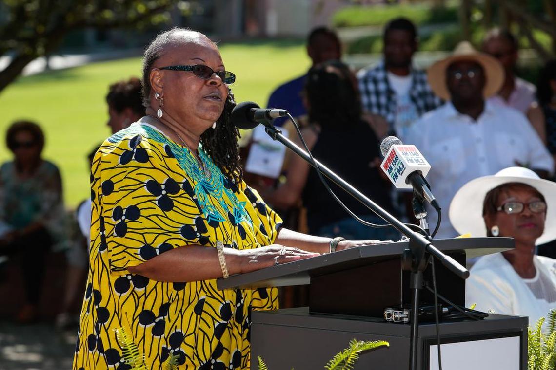 Former Rock Hill Ward 1 City Councilwoman Sandra Oborokumo speaks to an Old Town Amphitheater crowd at the dedication ceremony for the African-American Business District exhibit in 2015. Oborokumo now is part of the group that puts on Juneteenth events in Rock Hill.