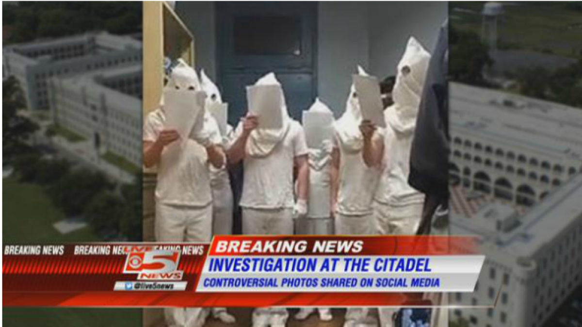 Photos appeared on social media last week showing seven freshmen cadets at The Citadel wearing white T-shirts and white pants with the pillowcases on their heads.