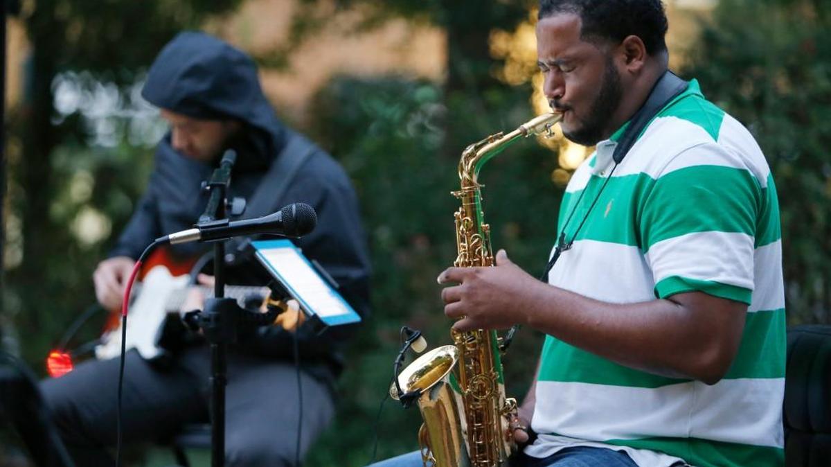 
James Merideth, left, and Dante Lewis entertain with smooth jazz in Springmaid Park in Baxter Village Thursday during the opening of the 11th Annual Blues & Jazz Festival.
