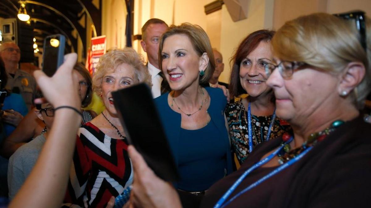 
GOP presidential hopeful Carly Fiorina spoke at McBryde Hall at Winthrop University in Rock Hill on Wednesday. Carly Fiorina poses for a picture with supporters who crowded around after her speech.
