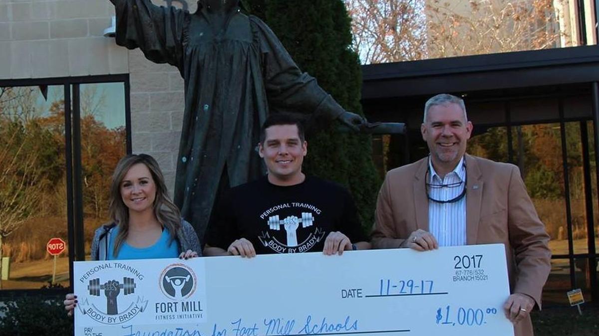 Body by Brady in Fort Mill recently donated $1,000 to the Foundation for Fort Mill Schools. Body by Brady, with founder Matt Brady, hosts a charity workout each month to raise money to support fitness initiatives in Fort Mill schools.