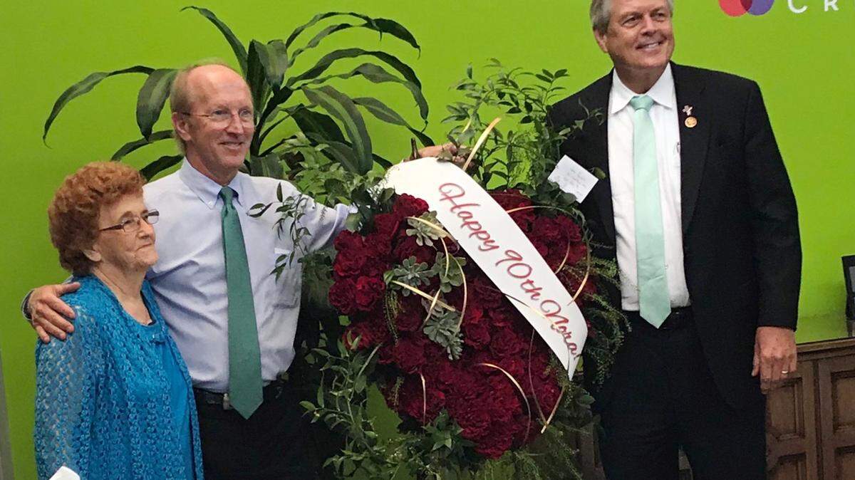From left, Nora Gaulden, Derick Close, CEO of Springs Creative, and Congressman Ralph Norman pose for a photo at Gaulden’s 90th birthday party.