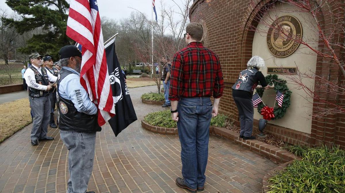 The Rolling Thunder Chapter 1 of South Carolina sponsored a Wreaths Across America ceremony on Thursday. Rolling Thunder member Teresa Guest placed a wreath at the Veterans Memorial in Glencairn Garden. The large wreath was placed at the POW-MIA memorial, and to respect each branch of service, the wreath paused at the Army, Marines, Navy, Air Force and Coast Guard memorials.