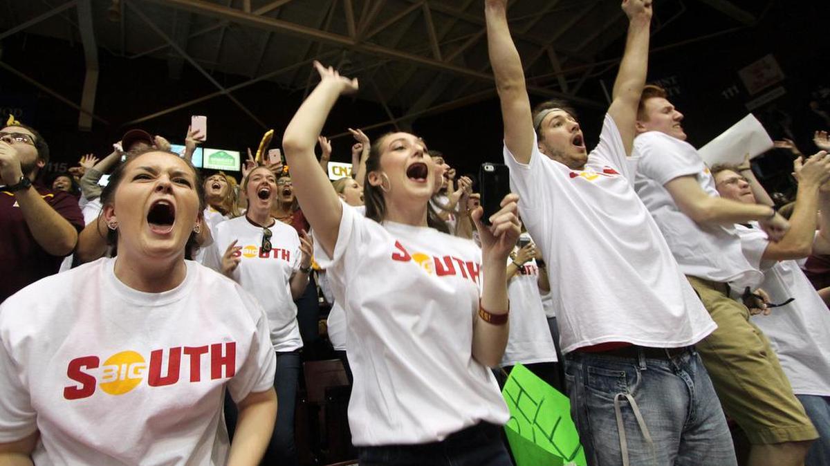 Winthrop University students celebrate during the final shot of the game Thursday night against UNC Asheville at the Winthrop Coliseum in Rock Hill. More than 1,200 students attended the game.