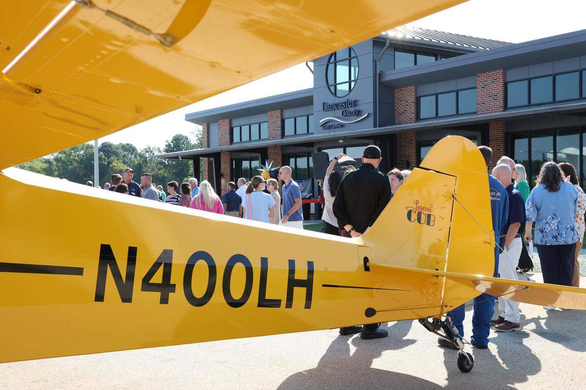 Lancaster County officials and guests gather at the Lancaster County Airport Thursday, Sept.4, 2025 to officially open the airport's new terminal.