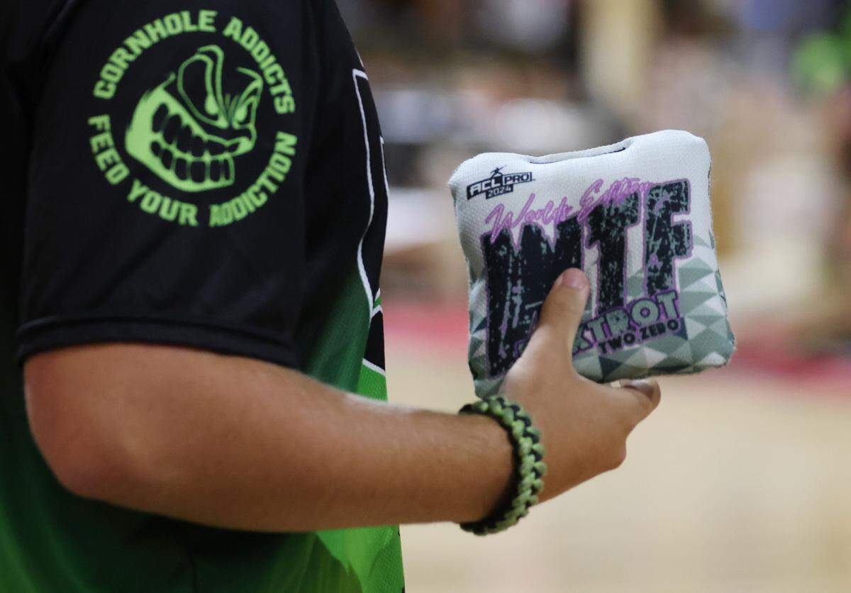 A cornhole player waits to throw the bag Friday at the American Cornhole League’s World Championships in Rock Hill, S.C.
