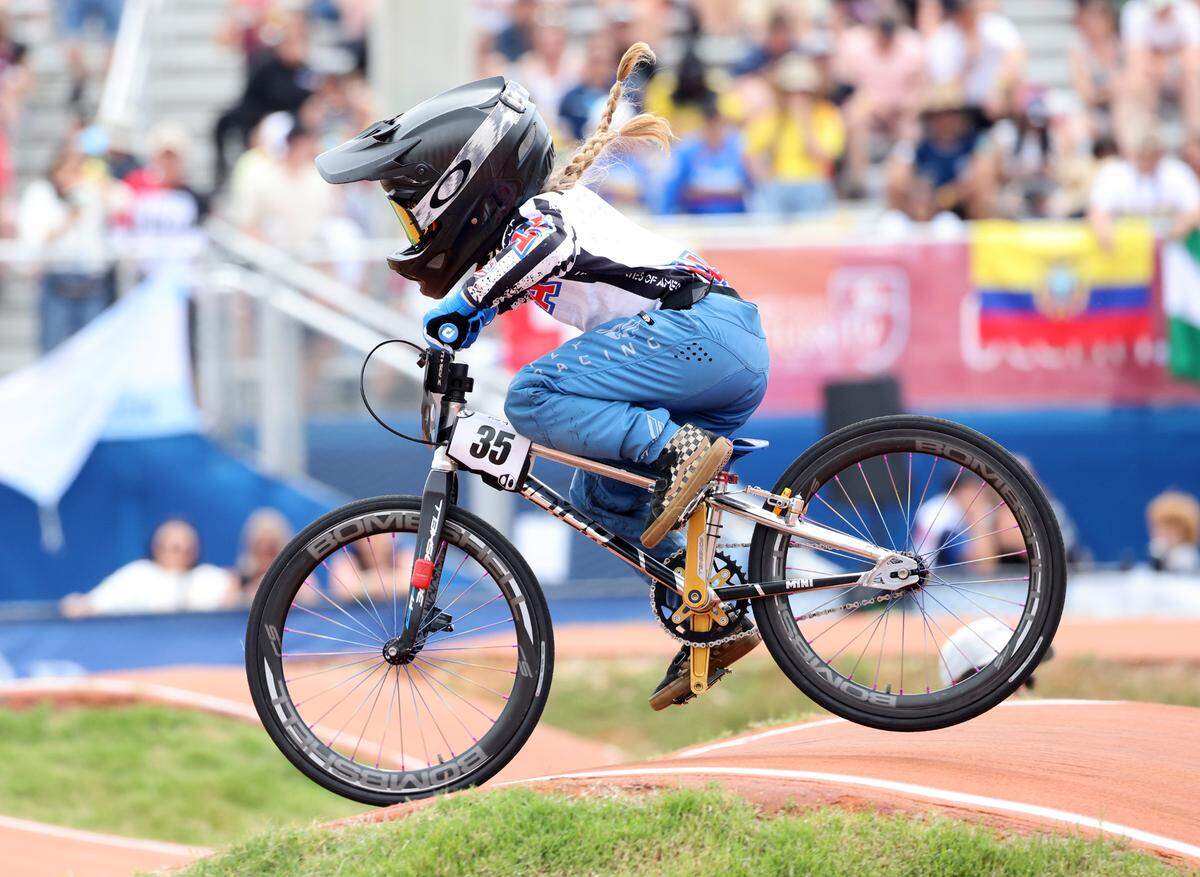 Irelyn McGinley, 8, races Monday at the BMX World Championships in Rock Hill.
