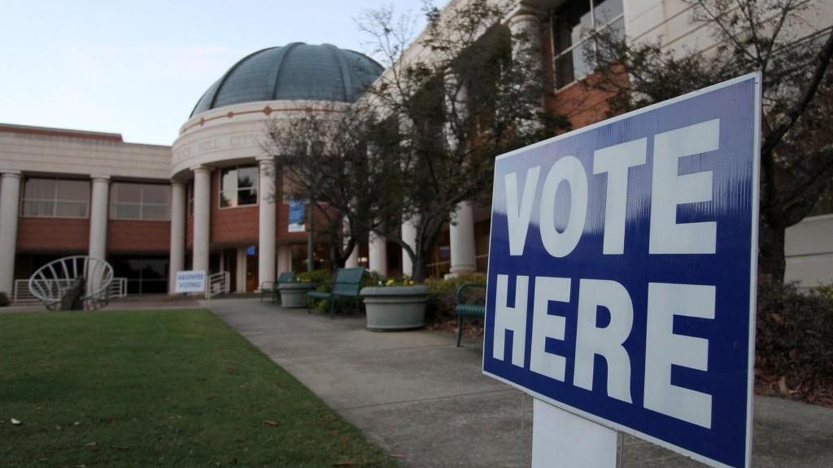 Voting signs direct voters to Rock Hill City Hall.