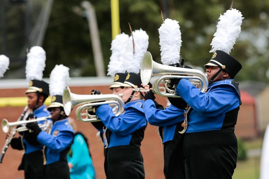 The Lewisville High School Marching Band performs in Rock Hill in this file photo. Lewisville has seven state titles in marching band.