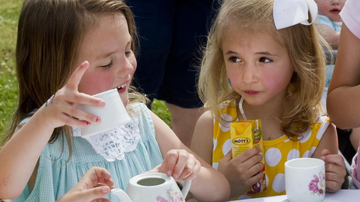 Caroline Mills, left, and Anna Neiconi, both 5, pour pretend tea at the Come-See-Me Teddy Bear Tea Party Tuesday at Winthrop University.