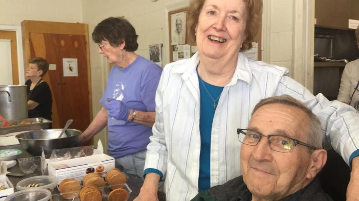 Bev Carroll, left, and Brother David Boone, two founders at the 30th anniversary of the Dorothy Day Soup Kitchen Wednesday.