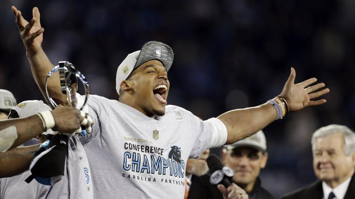 Carolina Panthers’ Cam Newton celebrates after the NFL football NFC Championship game against the Arizona Cardinals on Sunday.