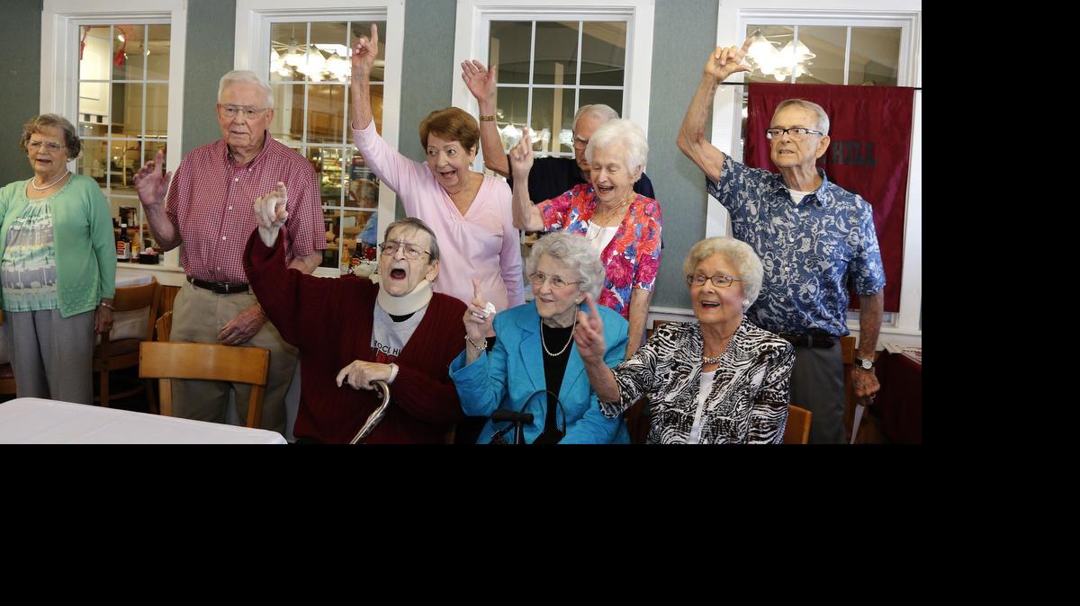 The Rock Hill High School Class of 1945 held a 70th reunion Friday . Members of the class sing the alma mater: front row from left, Fant Steele, Jerri Crenshaw (Rawls her married name) and Faye Jones (  Faye Lineberger after she was married). Second row, Frances Cunnup Gardner, Roy Dunlap, Frances Sullivan Cauthen, Theron Teagle, Liddie Wallace Hipp, and Richard Denton.