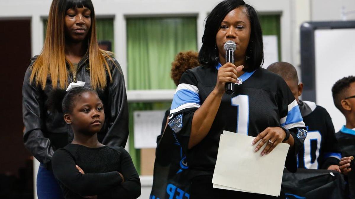 Dr Tammy Graham talks about La'Darious as the Chester Park Center of Literacy Through Technology holds a Panthers pep rally and pays tribute to their local football hero La'Darious Wylie with a ceremony of remembrance. 2-5-2016.