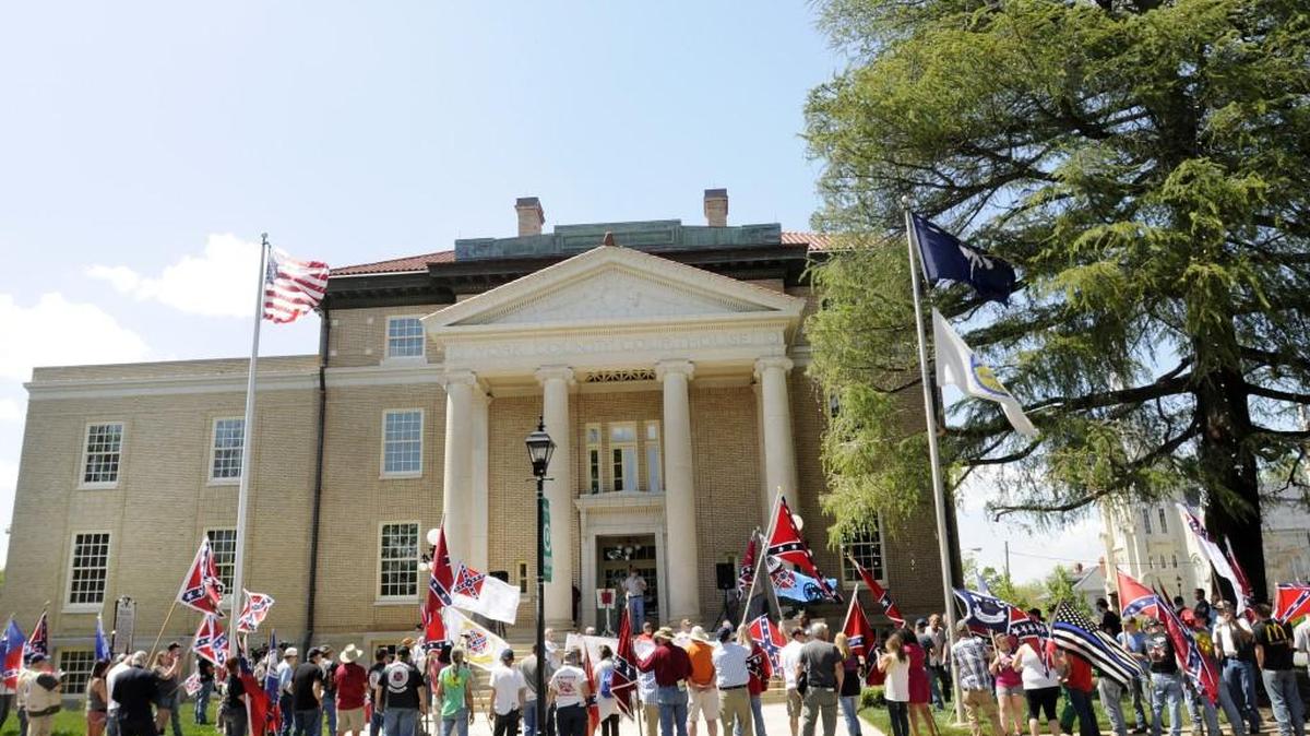 Confederate flag supporters rally in front of the York County Courthouse in downtown York in April.