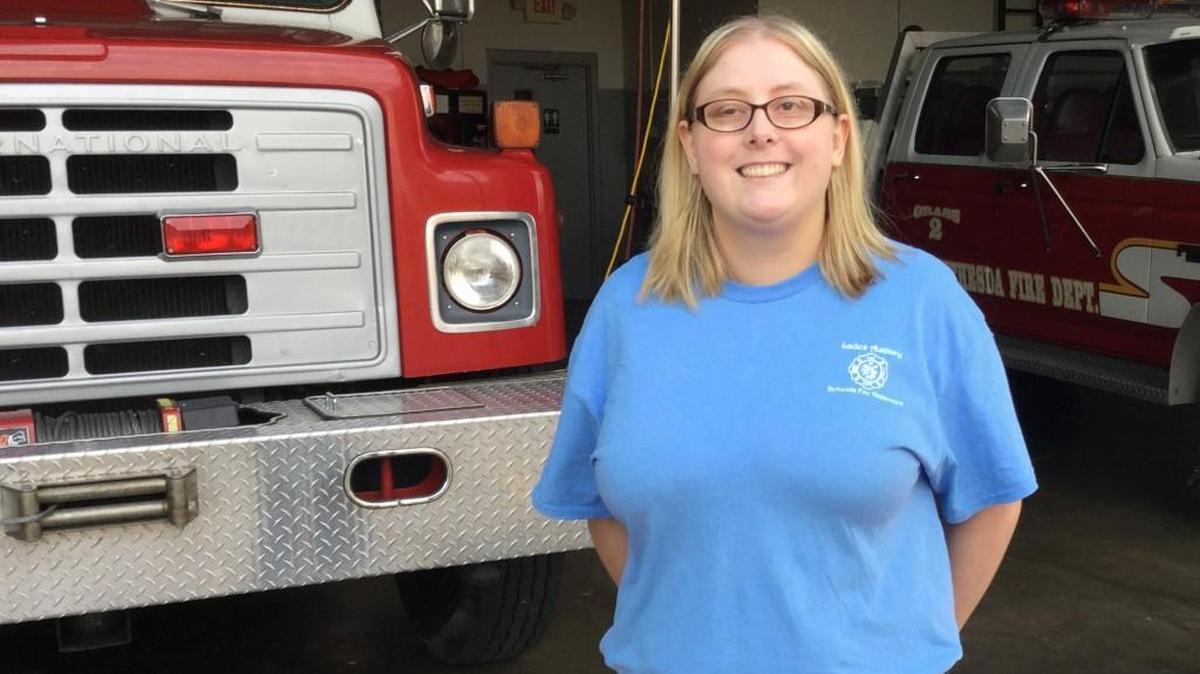 Amber Mills, who is blind and has cerebral palsy, at Bethesda Fire Department where she is a volunteer with the Ladies Auxiliary.