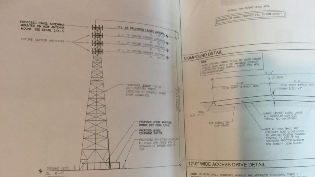 Shown is the plan for a 180 foot cell tower in the town of Clover from public records at Clover Town Hall.