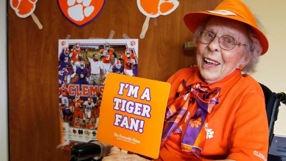Phoebe McCallum, a 97-year-old Clemson superfan at Park Pointe Village in Rock Hill, has been cheering for the Tigers for decades.