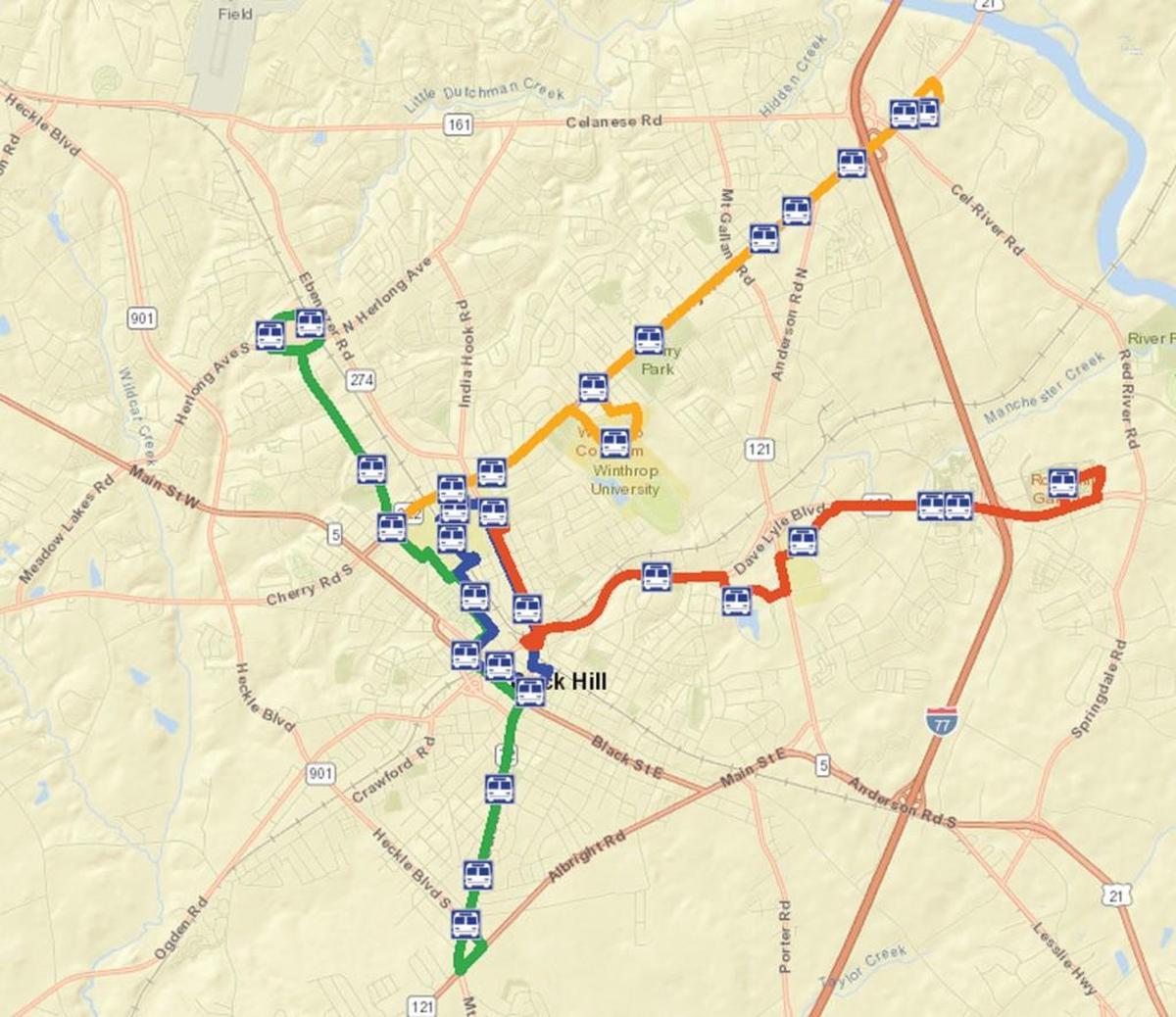 Map of the four proposed bus routes that Rock Hill leaders will show to the general public Tuesday evening.